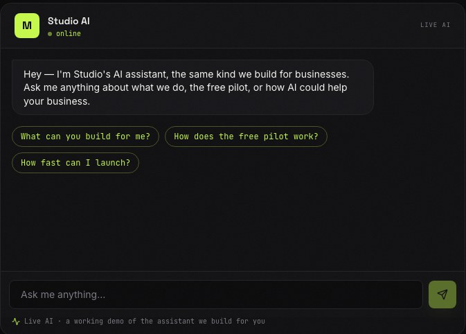 A live website AI agent, online, with suggested opening questions and a free-text box.